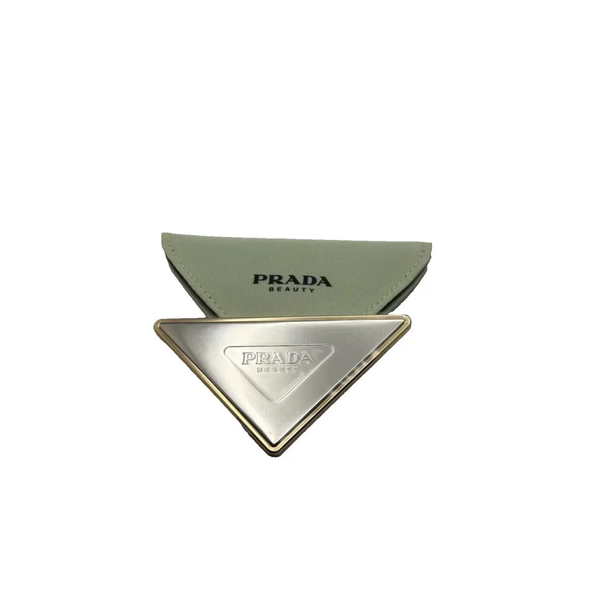 Prada Beauty Gold + Silver Folding Double Mirror Compact W/ Mint Green Pouch