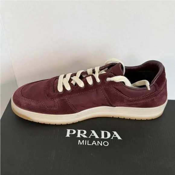 Prada Suede Nylon Low Top Sneakers Maroon 2EE364 Downtown Model UK 10 US 11