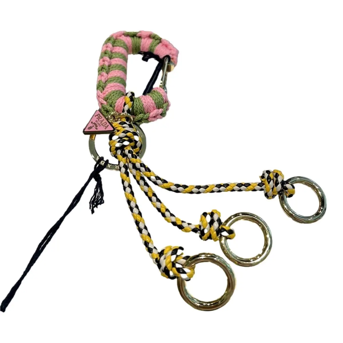 Pink and Green Striped Crochet Carabiner Keychain with Braided Yellow Leat by Prada