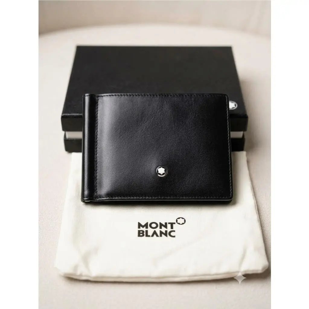 Montblanc Meisterstück Black Leather Wallet Card Slots Metal Money Clip