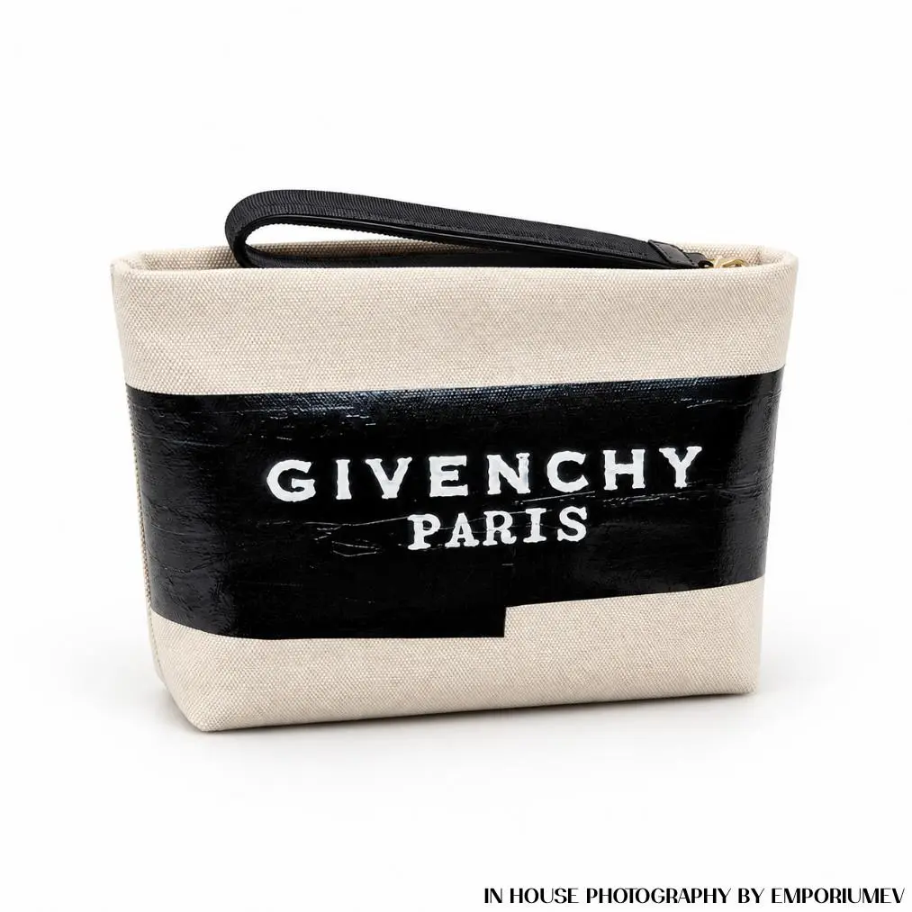 Tape Pouch Clutch Beige Black Canvas Leather Wristlet 0576 by Givenchy