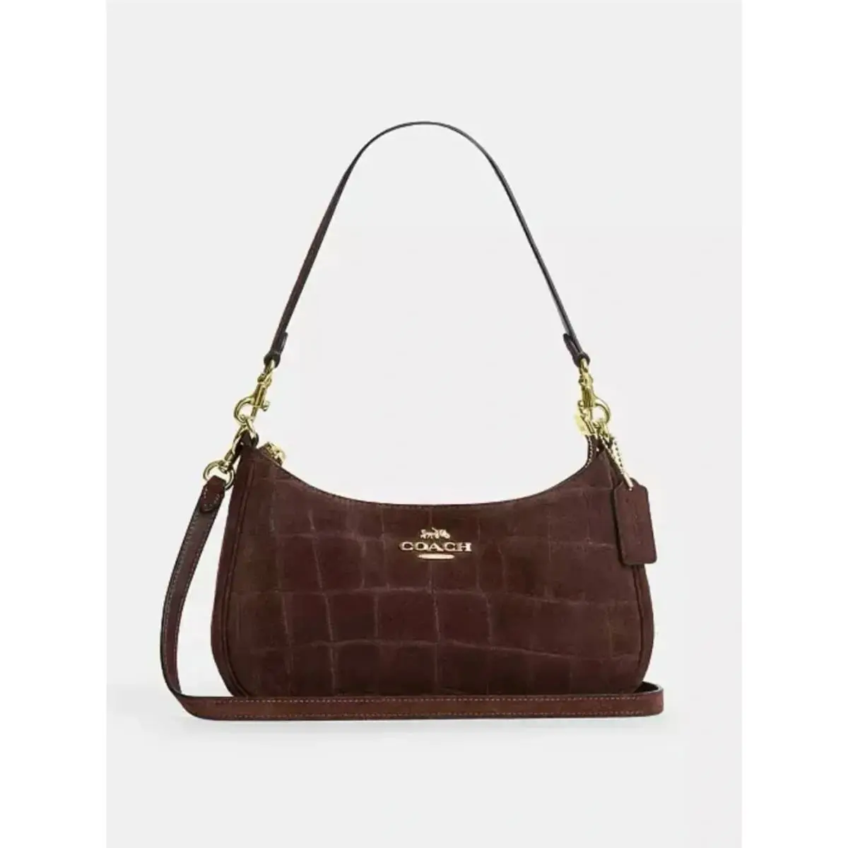 Soft Teri Shoulder Bag Suede Crossbody Purse Embossed Crocodile Brown by Coach