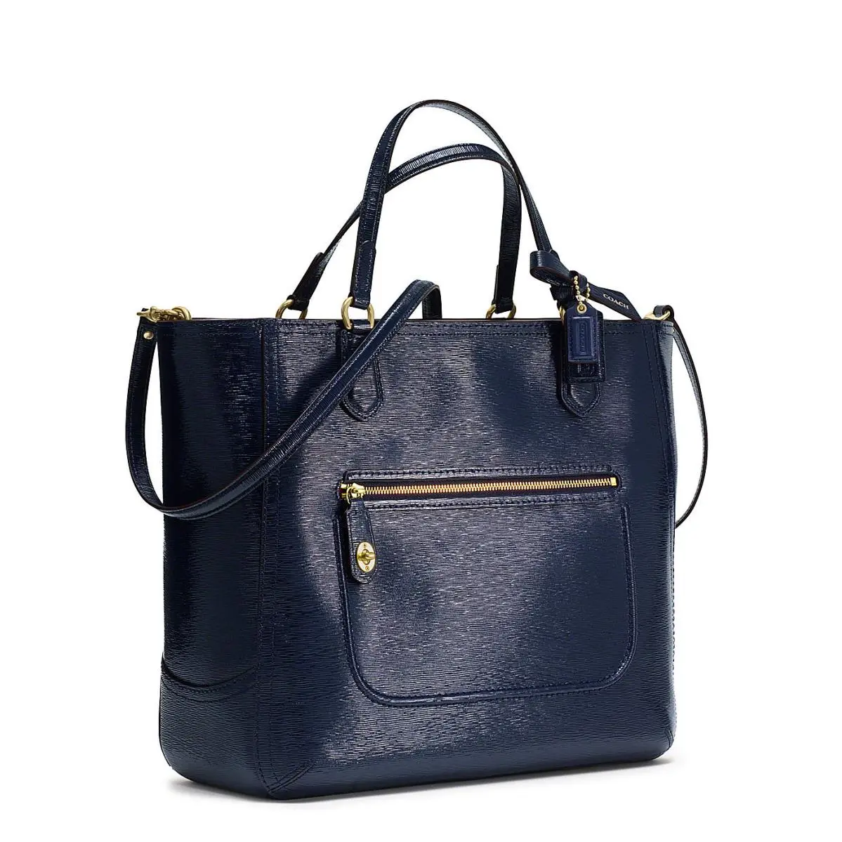 Coach Poppy Textured Patent Small Blaire Tote/crossbody 25042 Brass / Navy - Exterior: Brass/Navy