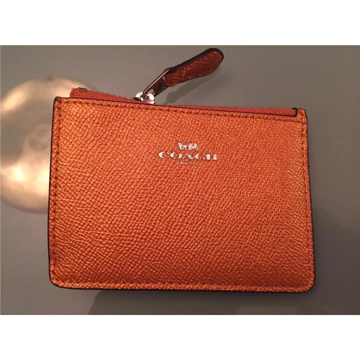 Coach Coin Purse ID Mini Skinny Wallet Leather Metallic Orange Key Cha