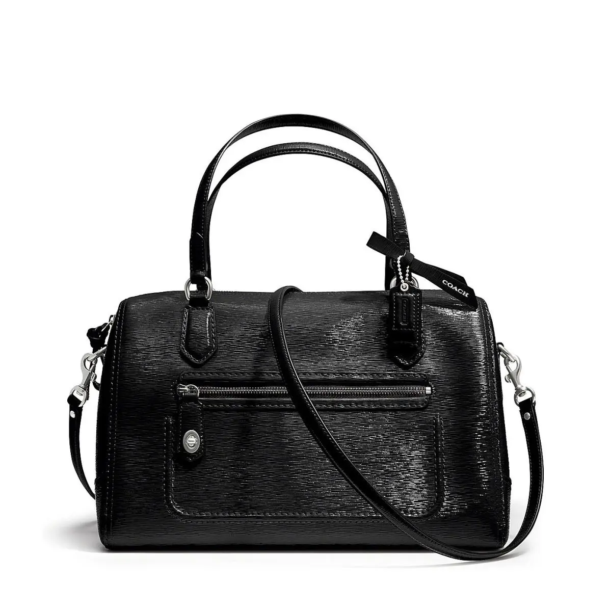 Coach Poppy East/west Textured Patent Leather Satchel 25062 Silver / Black - Exterior: Silver / Black