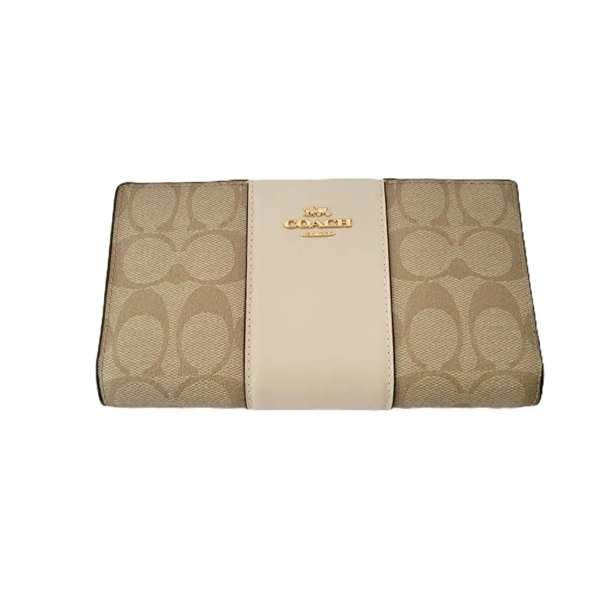 CR928 Slim Zip Signature Leather Stripe Wallet Clutch Light Khaki Chalk by Coach