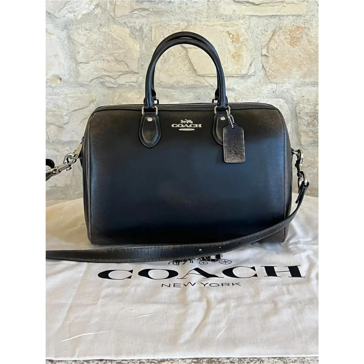 Rowan Large Womens Satchel Bag In Loved Leather Crossbody Black CFO52 by Coach