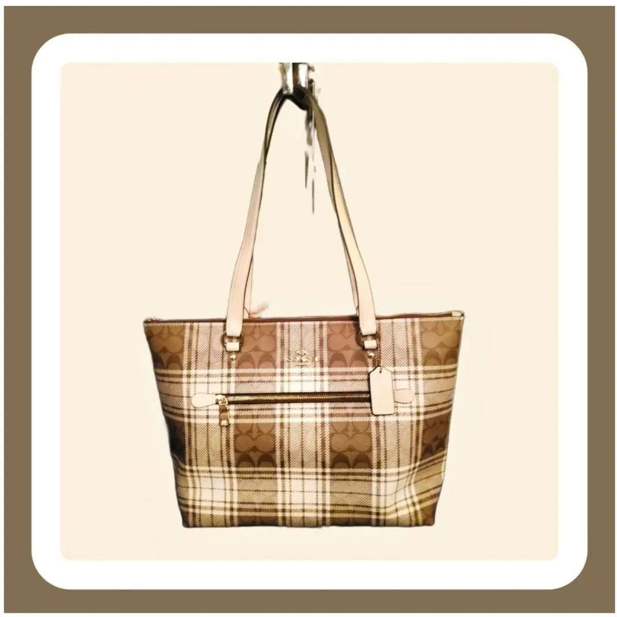Gallery Tote IN Signature Canvas with Hunting Fishing Plaid Print by Coach