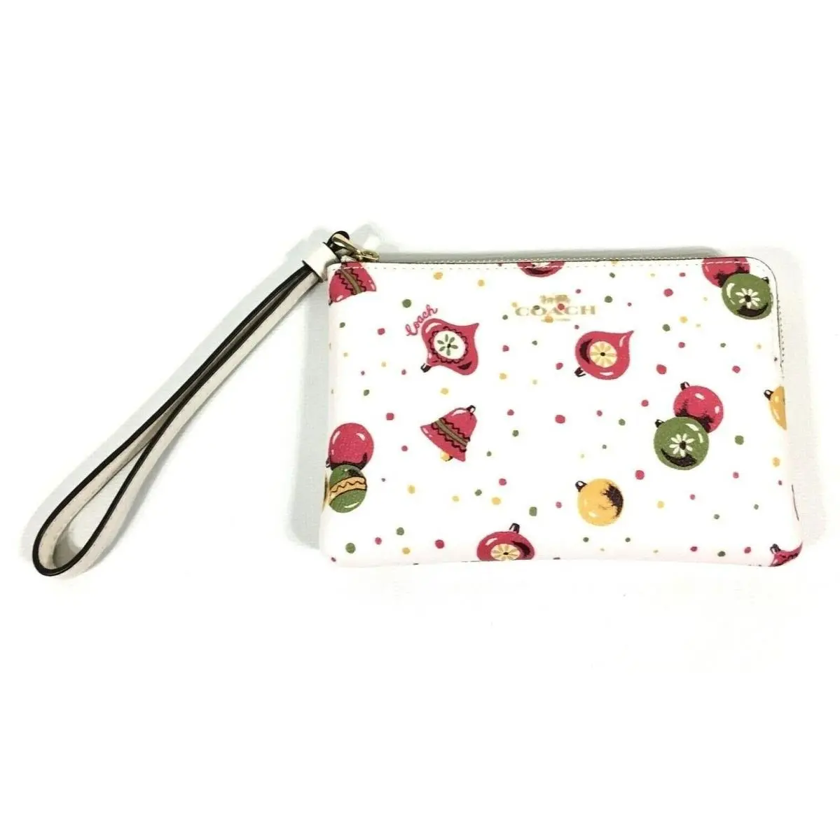 Coach Christmas Ornament Print Corner Zip Wristlet Wallet C7406 White