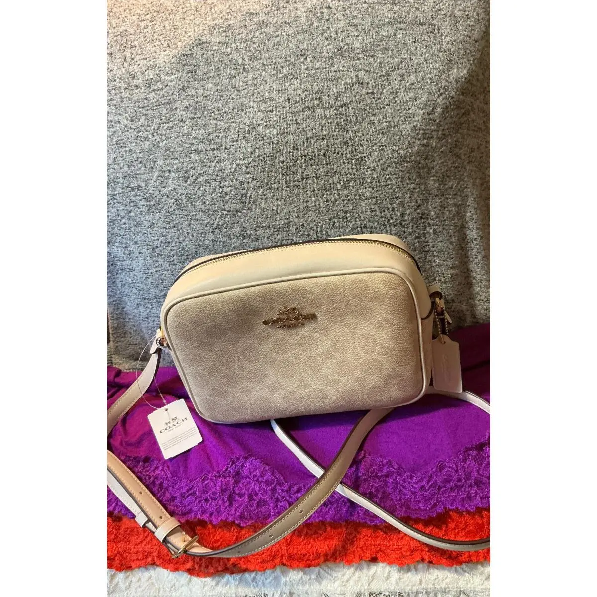 Jamie Sand Chalk Coated Canvas Sig Leather Trim Zip Crossbody by Coach
