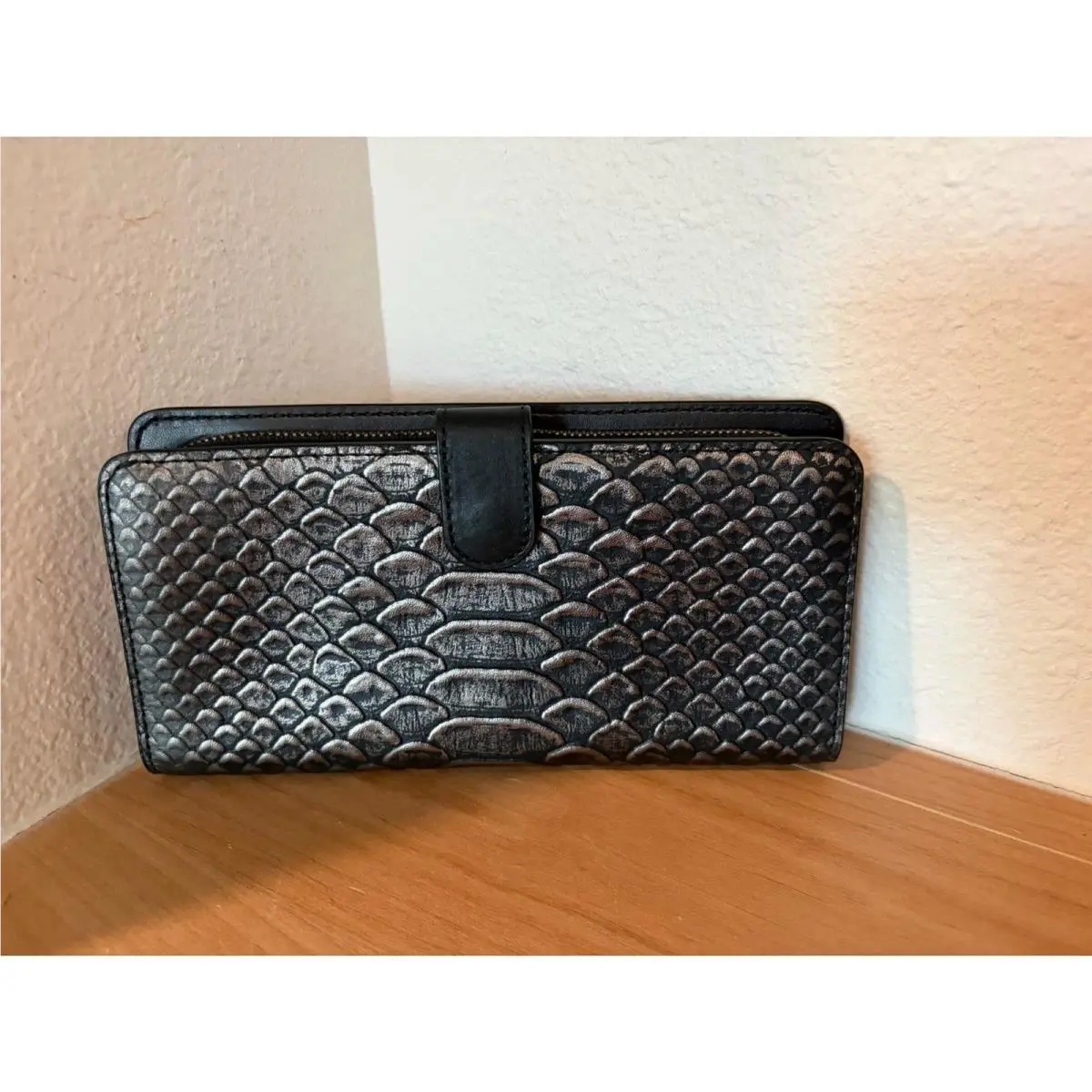 Coach Metallic Black Exotic Embossed Leather Slim Wallet Flaw Noted
