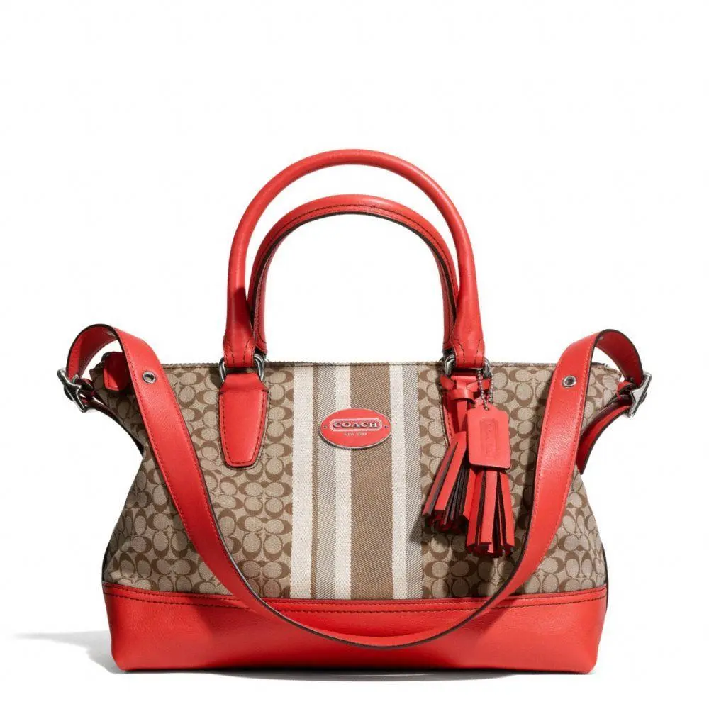 Coach Signature Stripe Eastwest Satchel Shoulder Bag 29622 Sv/khaki/carnelia - Exterior: Silver/Khaki/Carnelian