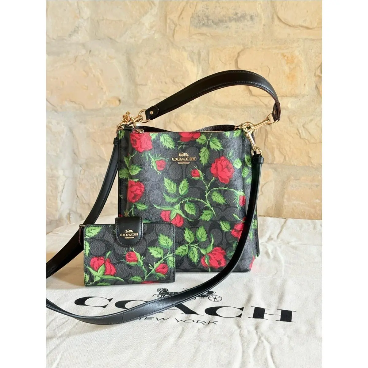 Mollie Bucket Bag 22 In Signature Leather Fairytale Rose Print+wallet by Coach