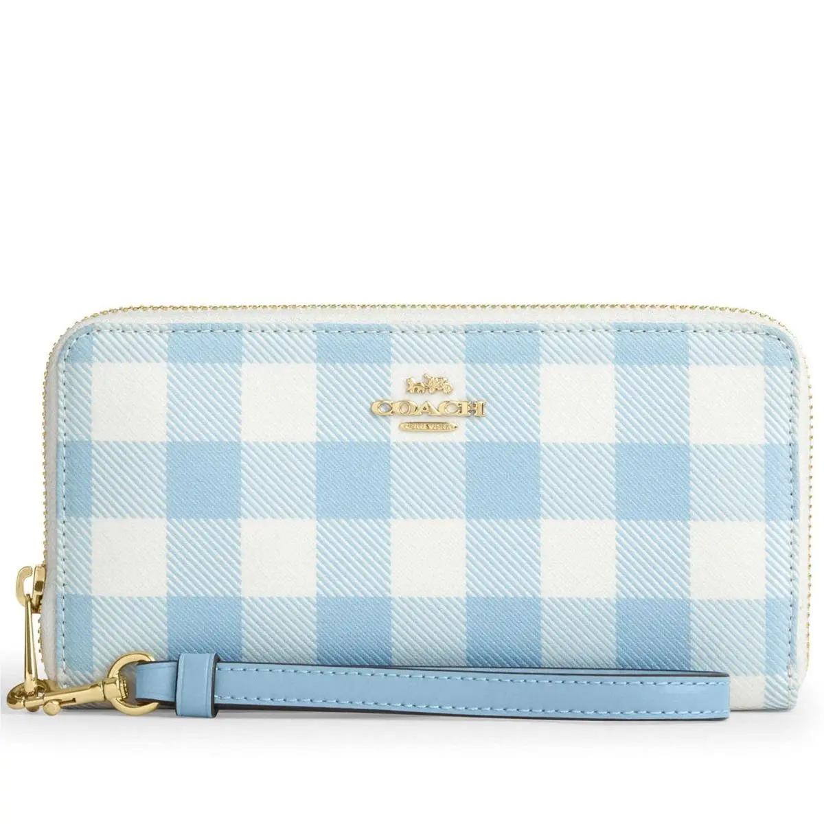 Women`s Zip Around Continental Wallet with Gingham Print Blue Multi CFA13 by Coach