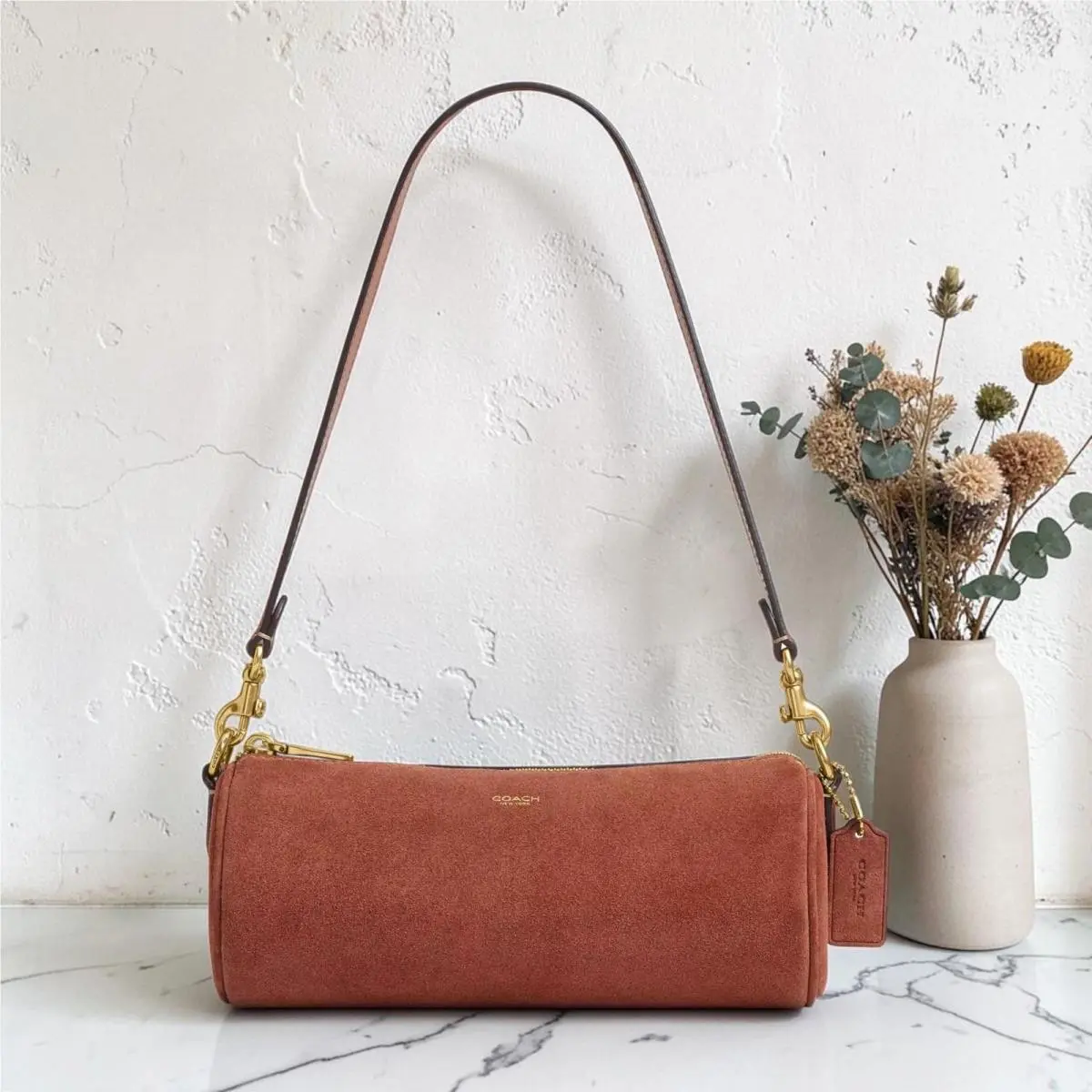 Cylinder Barrel Bag Suede Clay Brown Brass Crossbody Shoulder CDY81 by Coach