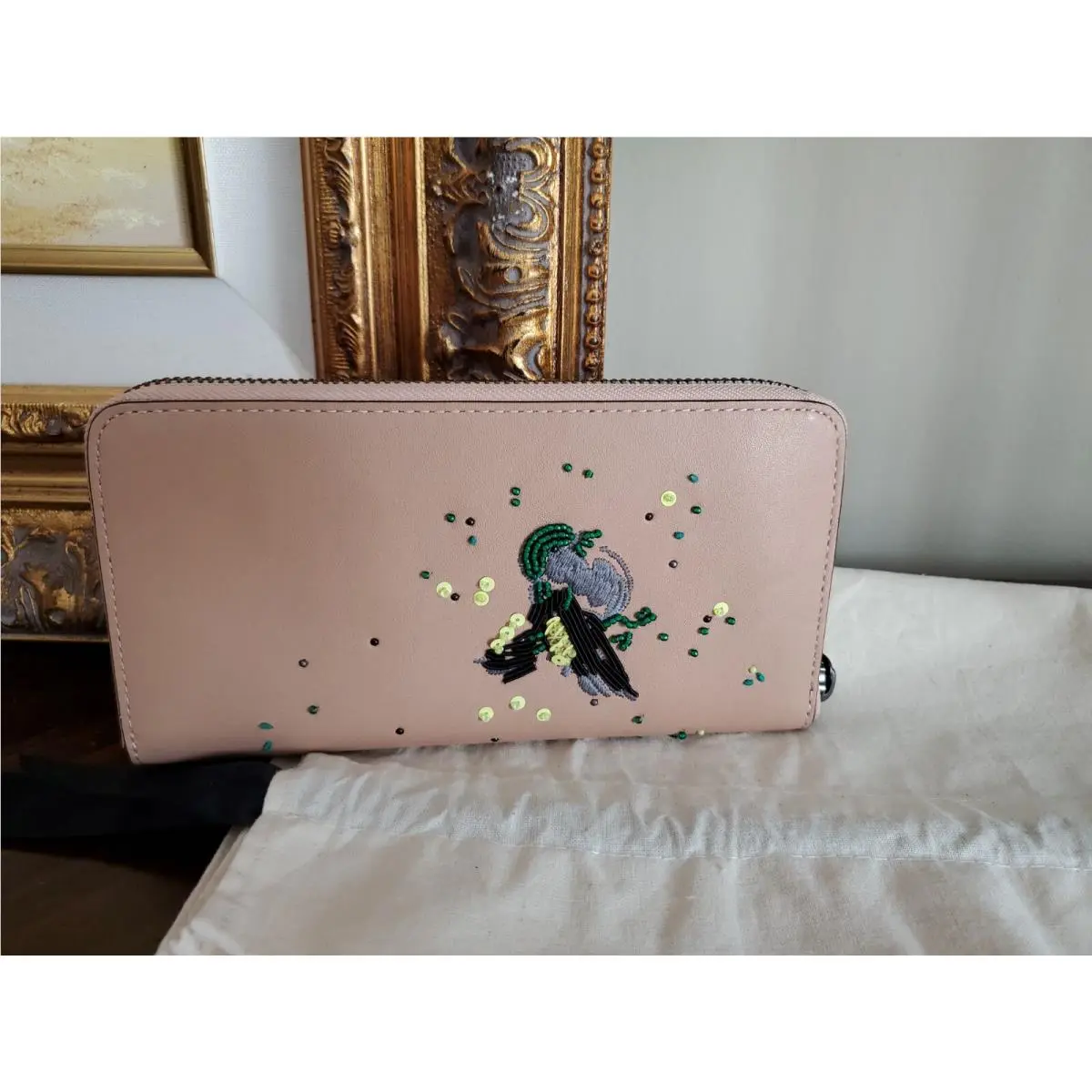 Coach 1941 Continental Wallet Clutch Lamb Leather Zip Around Embellished Bird
