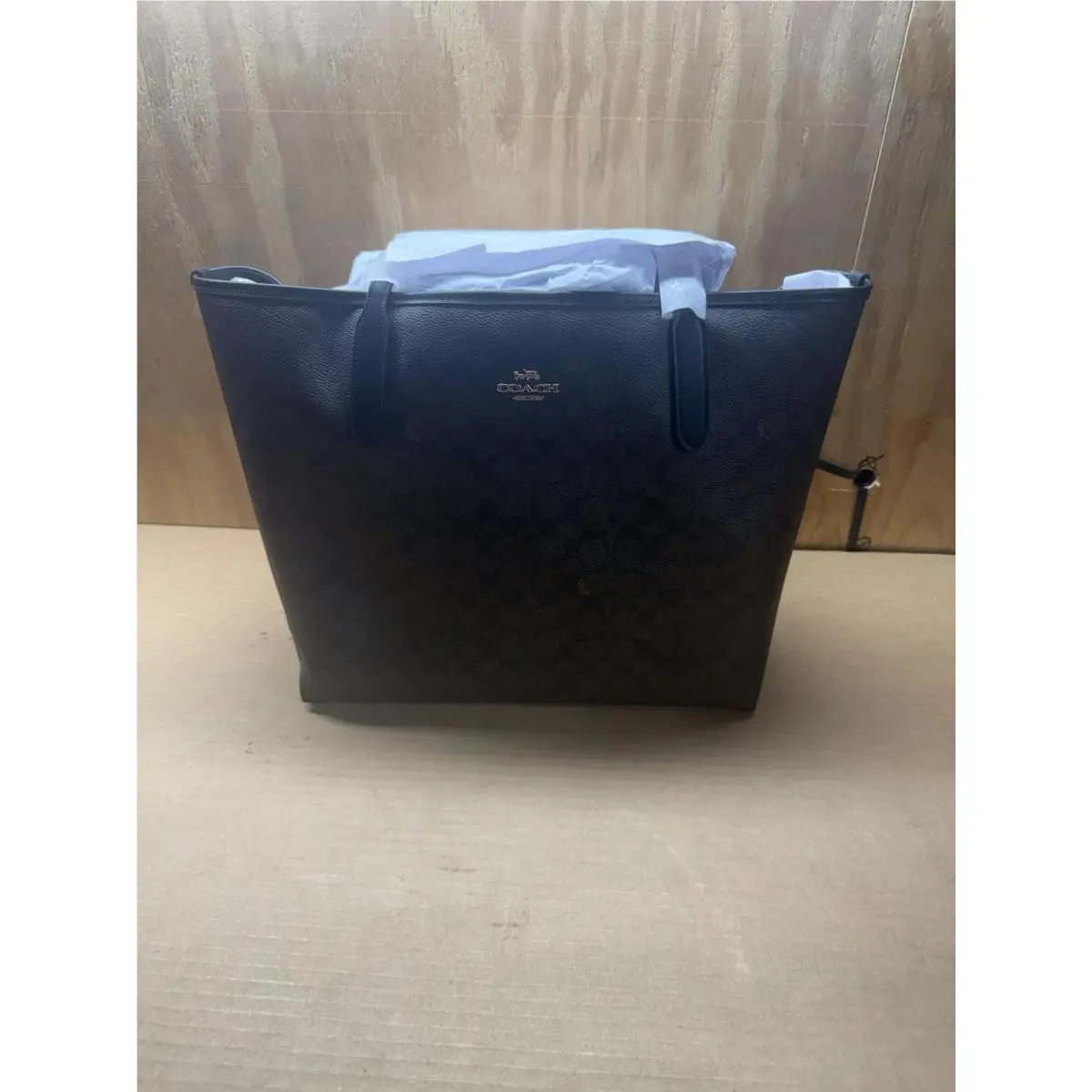 City Tote Signature Canvas Walnut Black Large Shoulder Bag by Coach