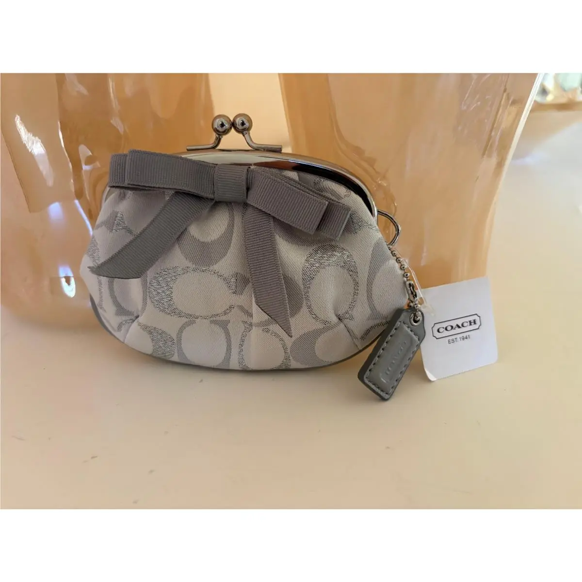 Coach Rare Signature Framed Coin Change Purse Kisslock Grey 61138