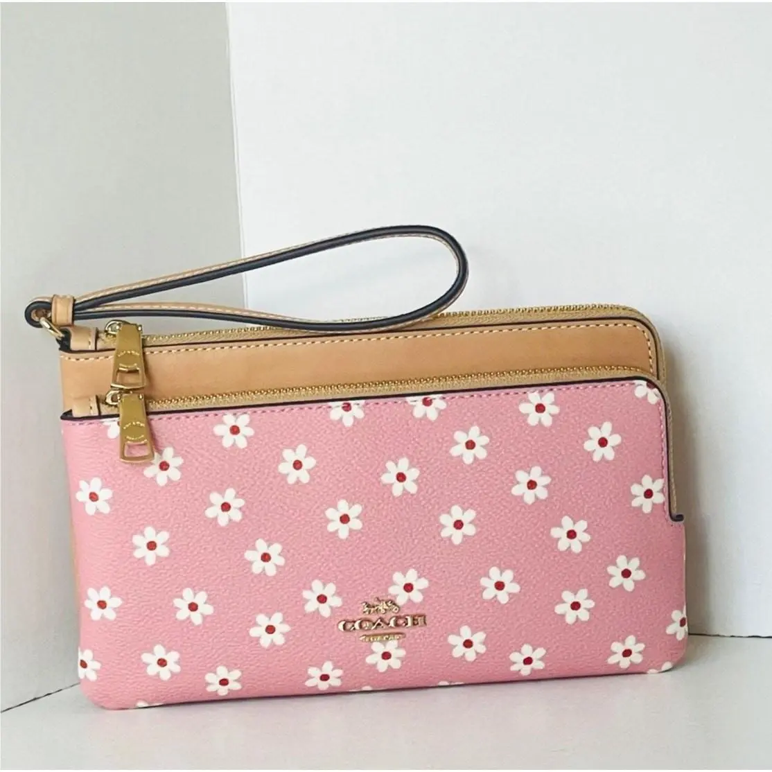Coach Double Zip Phone Wallet CEY48 Pink Floral Canvas Leather Wristlet Clutch