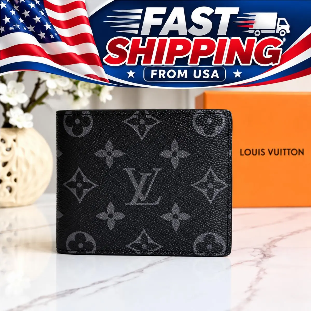 Multiple Wallet Monogram Louis Vuitton Eclipse Black Gray Men Bifold Slende