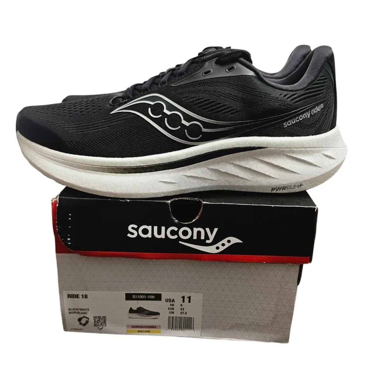 Saucony Ride 18 Womens Running Shoes Black White Wide S11001-100 Size 11