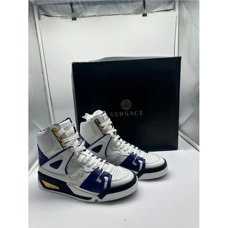 Versace Men High Top Leather Sneakers White Blue Gold DSU6994 IT 40 US 7