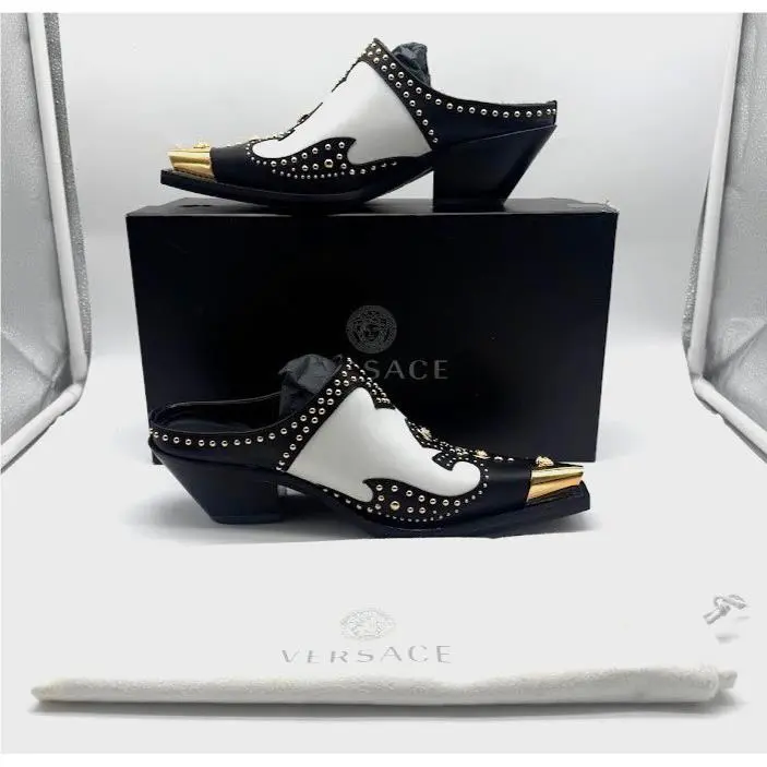 Versace Medusa Studded Leather Sabot Mules IT 39 US 9 Black White Gold