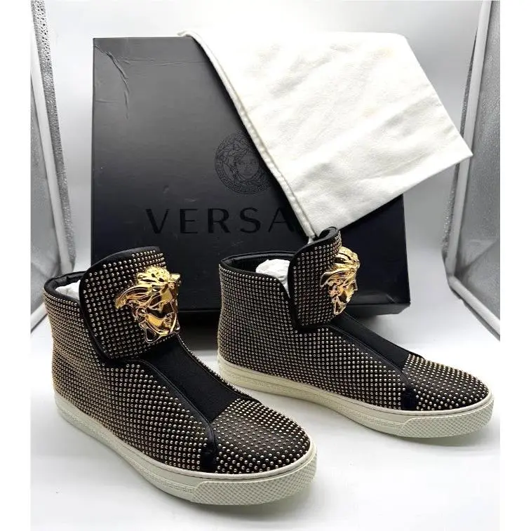 Versace Medusa Gold Studded High Top Sneakers Men IT 39.5 US 6.5 Black DSU5181