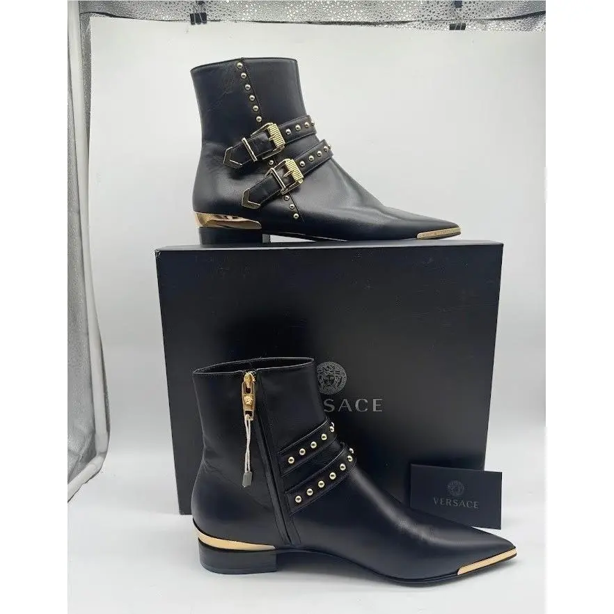 Versace Women Leather Ankle Boots Black Gold IT 38 US 8 DSR989E Box