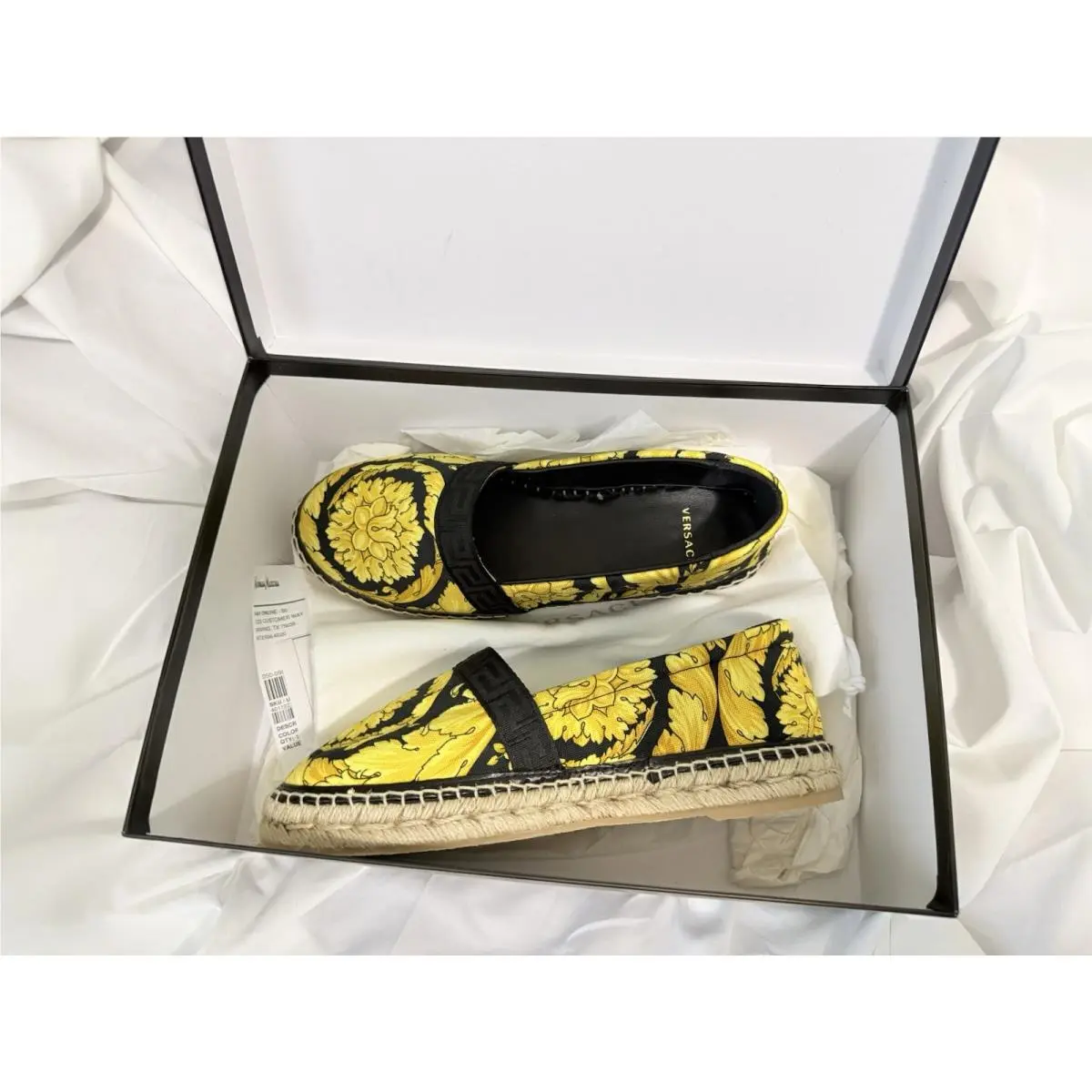 Versace Baroque Espadrilles Canvas Women 38 US 8 Black Yellow Flat Shoes