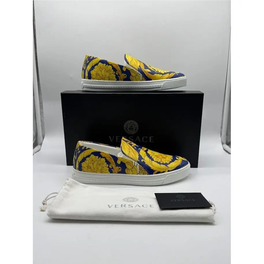 Versace Mens Crete de Fleur Sneakers Blue Gold Barocco Slip On IT 40 US 7