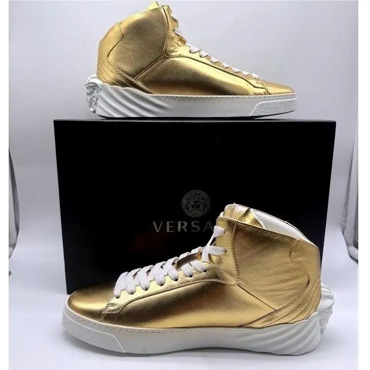 Versace Medusa Men Gold Leather High Top Sneakers IT 40 US 7 DSU6702 Box