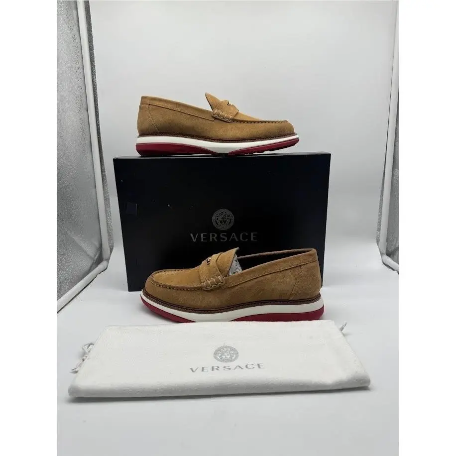 Versace Medusa Suede Leather Loafers Mens IT 39 US 6 Tan Gold Red 7771