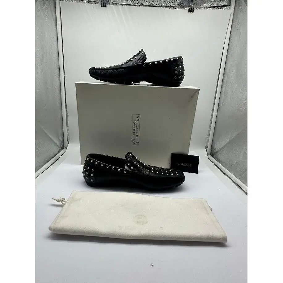 Versace Men Studded Leather Loafers Black Gold Dsu 4749 IT 40 US 7 Box