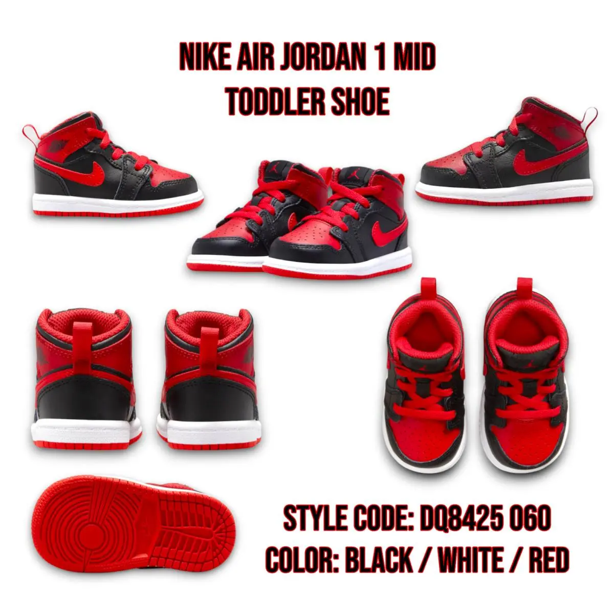 Air Jordan 1 Mid Sneaker DQ8425 060 Black Red White Toddler Shoe Size 7C by Nike