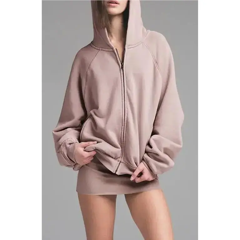 French Terry Deconstructed Zip-up Fawn Hoodie Small by Skims