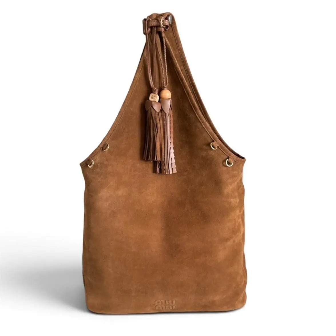 Rust Brown Suede Tote Bag W/tassel Charms. 5BC184 by Miu Miu