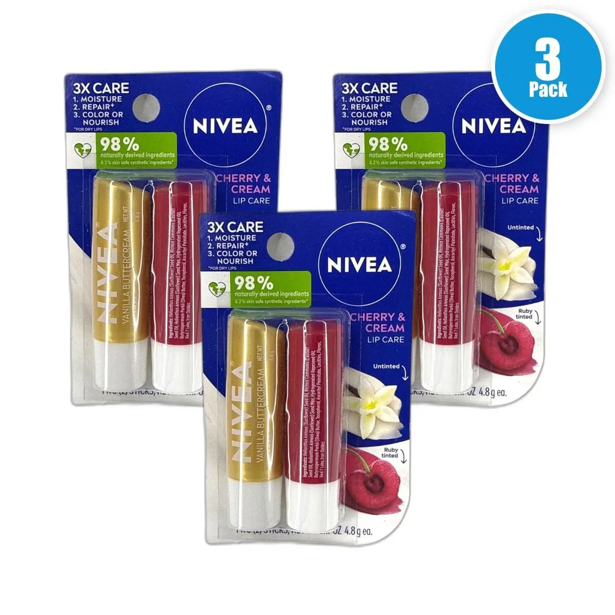 Nivea Cherry Cream Lip Care Untinted Ruby Tinted 6 Total Pack of 3 - Ruby Tinted