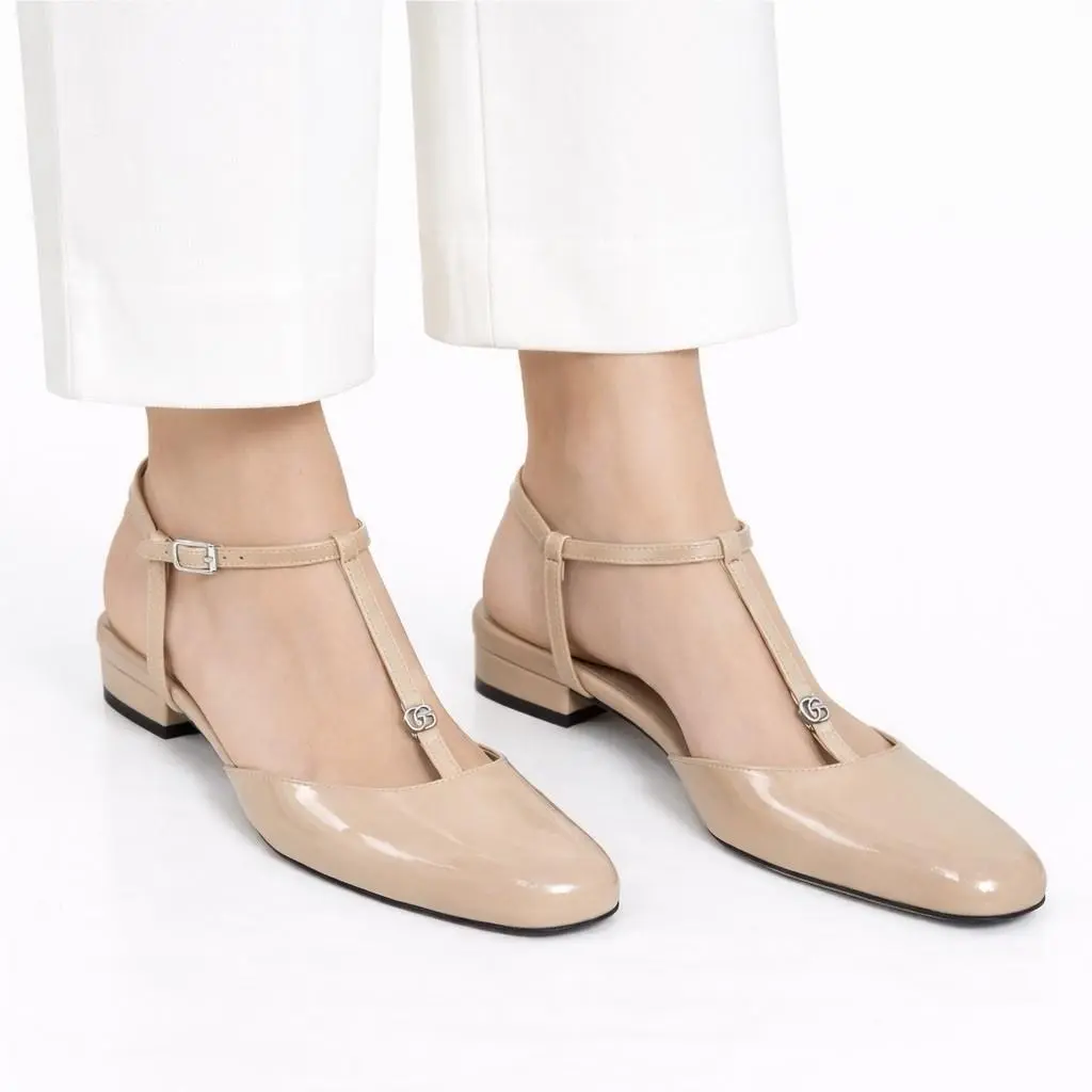 Gucci Double GG T Strap Patent Leather Ballet Flat Skin Rose Women Size 39.5