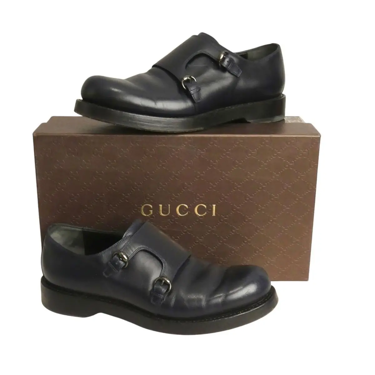 Gucci - Navy Leather Monk Strap Shoes Size-uk 9