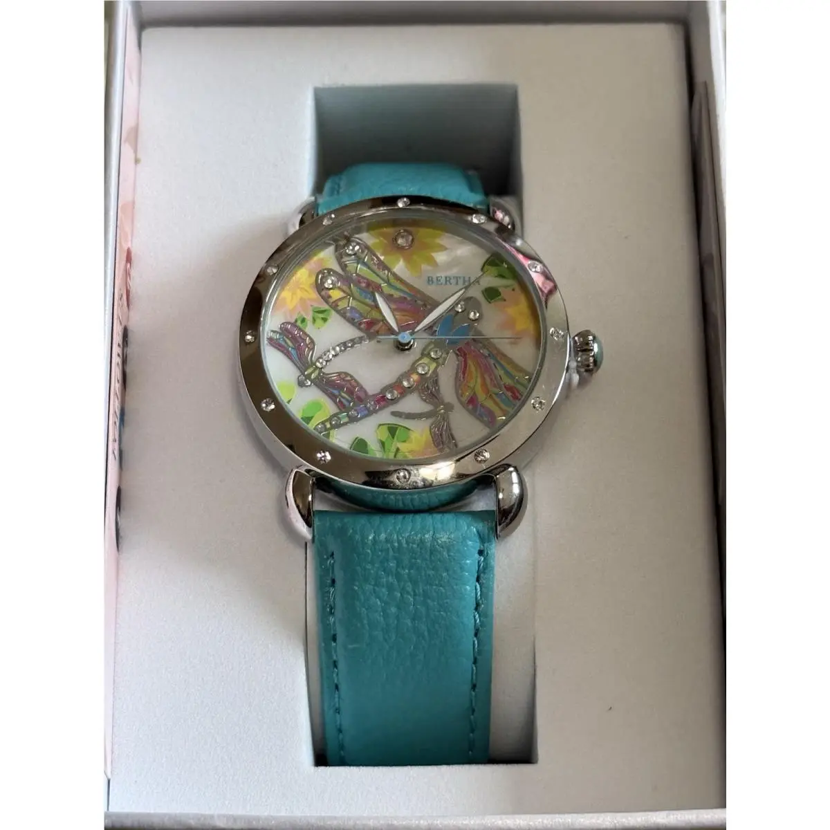 Women`s  Jennifer Turquoise Silver Watch Mother Of Pearl Face by Bertha