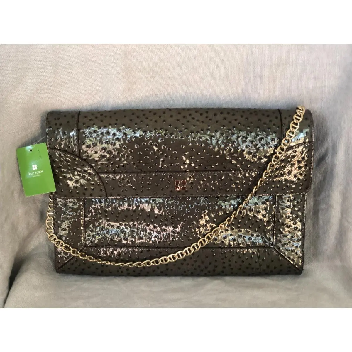 New Exotic Paola Elba Gray Clutch Purse Bag Ostrich Patent Leather by Kate Spade