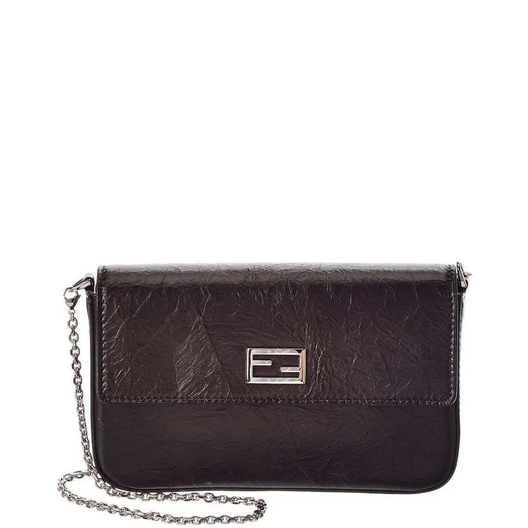 Tube Leather Compact Wallet On Chain Women`s Black by Fendi
