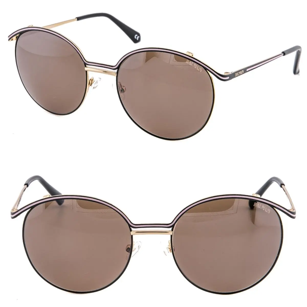 Balmain BL2529 Vert Noir 2529 Black Line Brown Gold Mirror Round Metal Sunglass