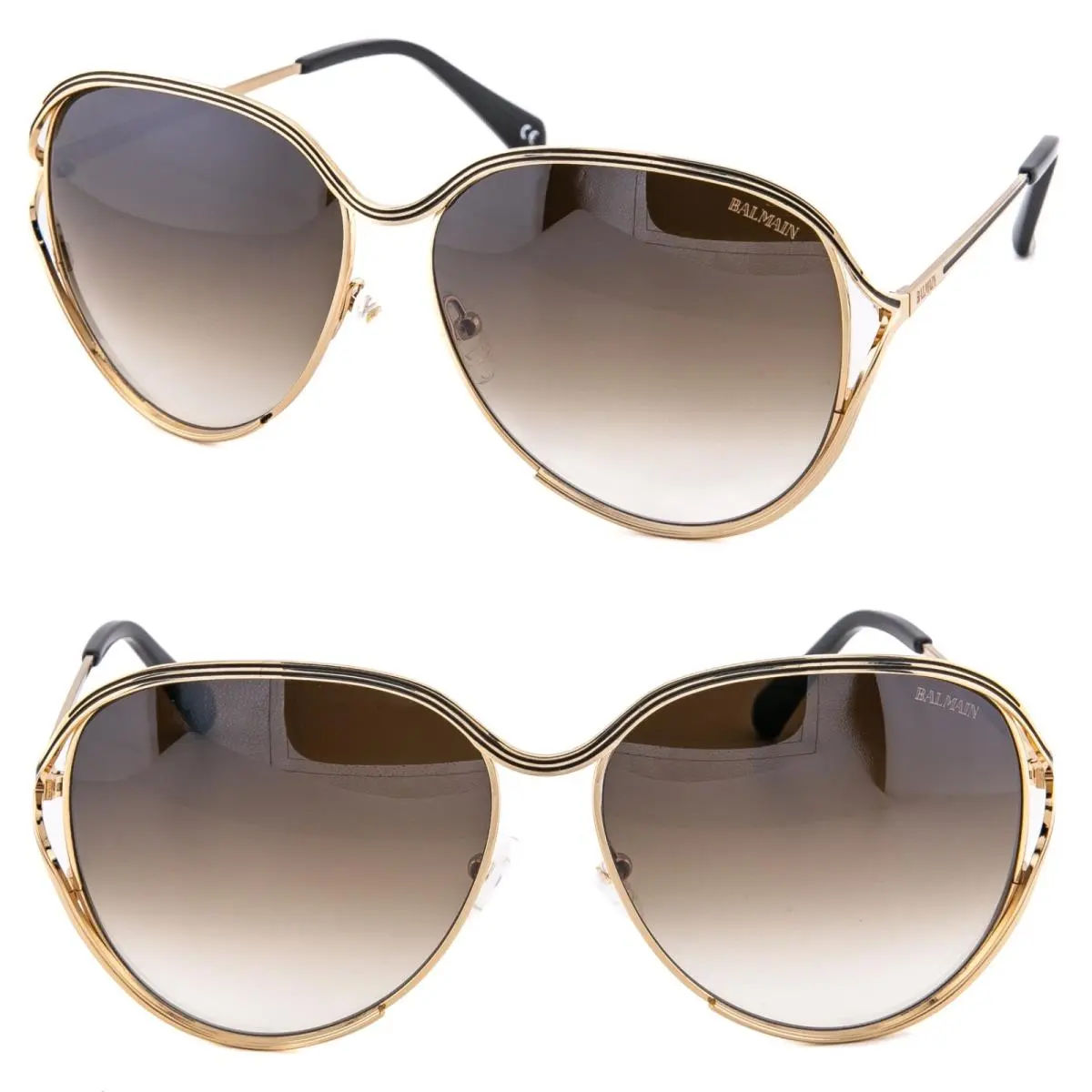 Balmain BL2528 Vert Noir 2528 Gold Line Brown Gradient Round Metal Sunglasses