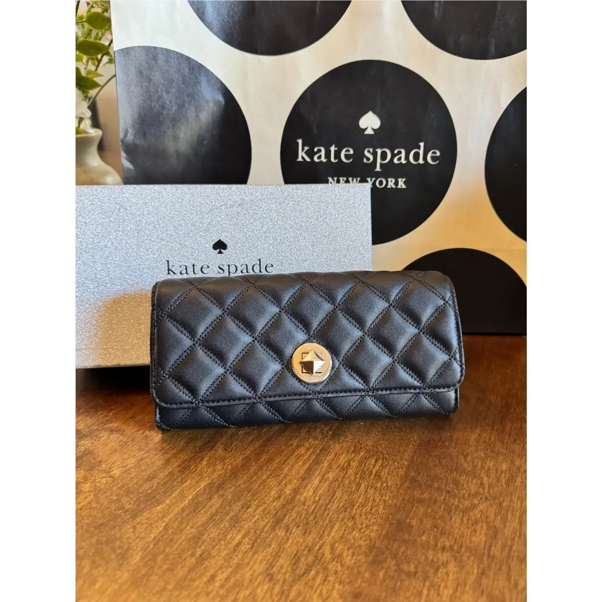 Kate Spade Tinsel Natalia Smooth Quilted Boxed Large Turn Lock Wallet Clutch