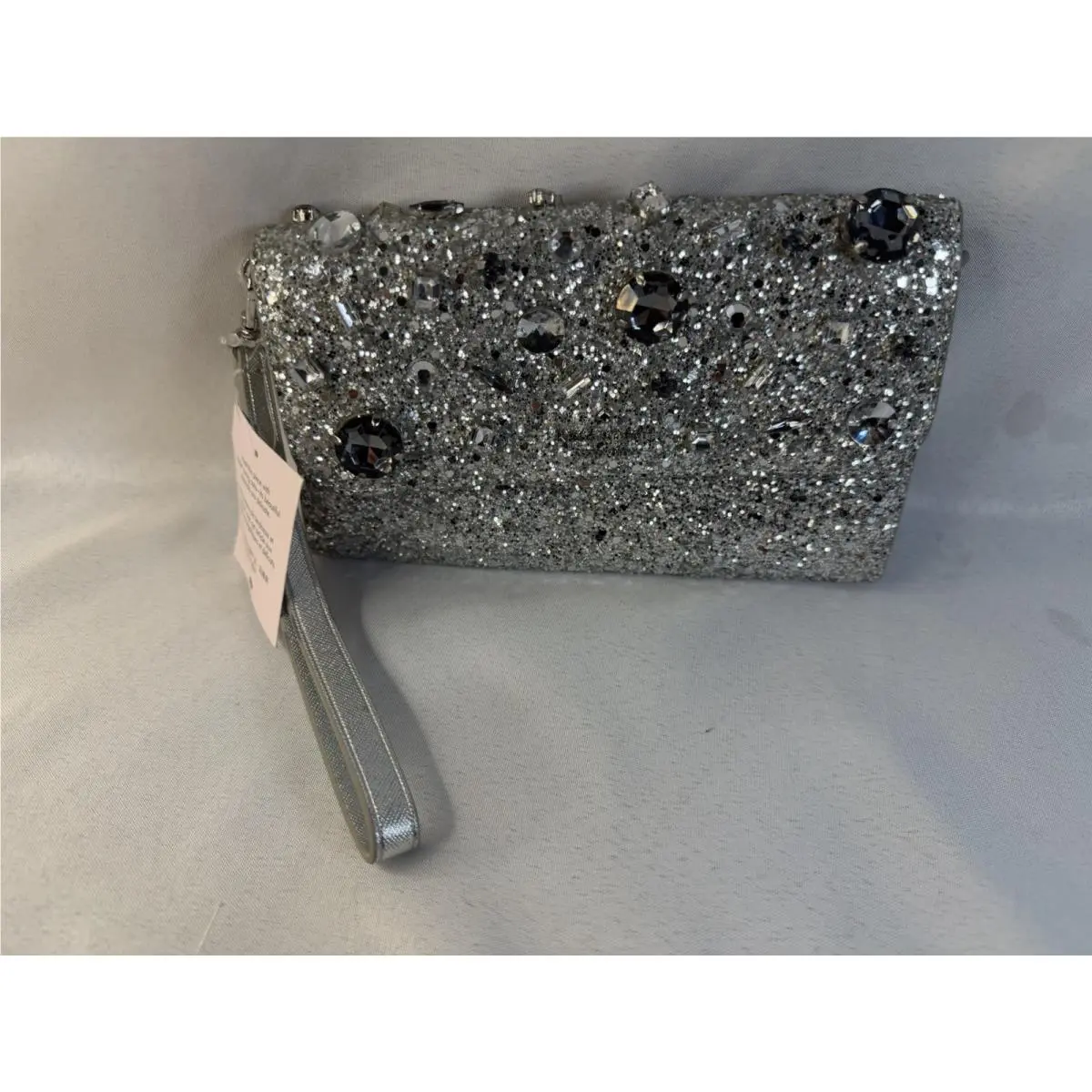 Kate Spade New York Jeweled Glitter Medium Flap Phone Wristlet Silver Rhinestone