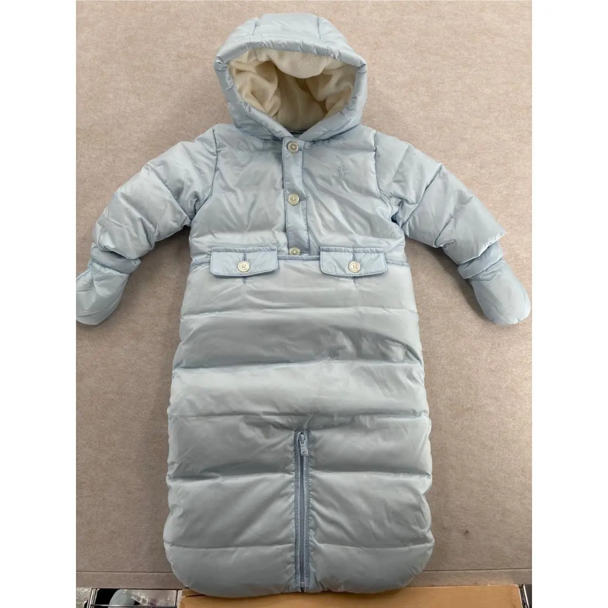 Ralph Lauren Baby Blue Quilted Hooded Bunting Bag Pram Suit Fleece Lined 9 MO