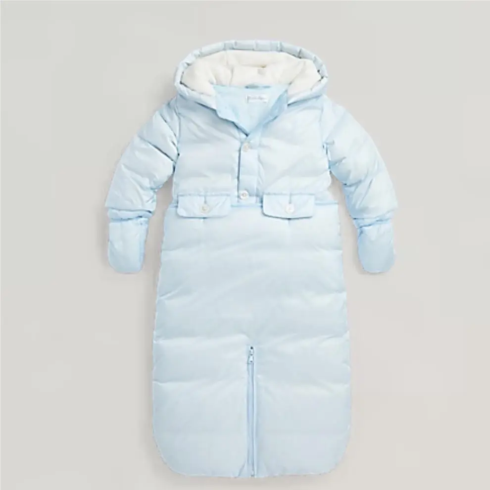 Ralph Lauren Baby Blue Quilted Hooded Bunting Bag Pram Suit Fleece Lined 3 MO