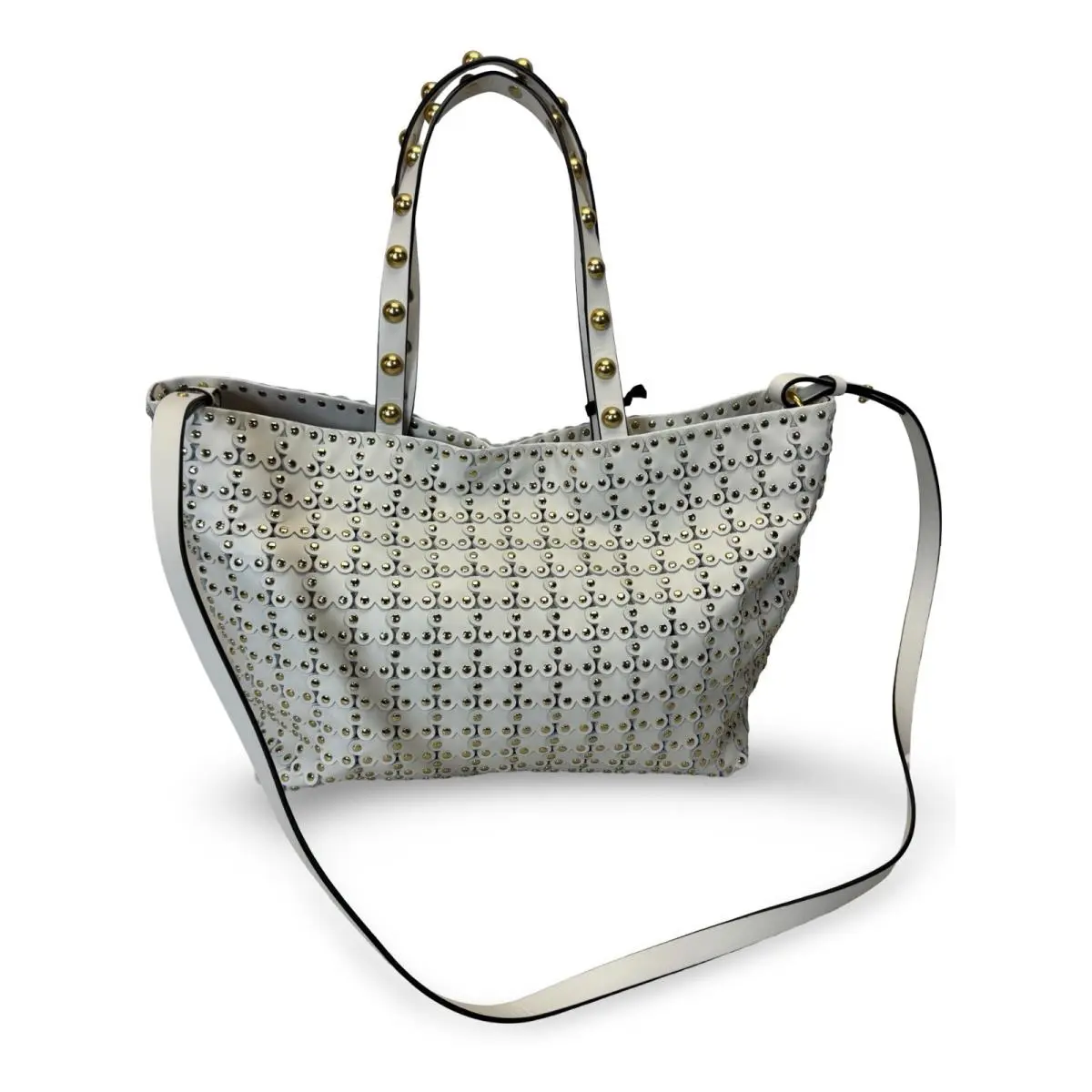 Red  Off White Leather Gold Studded Scalloped Eyelet Tote by Valentino